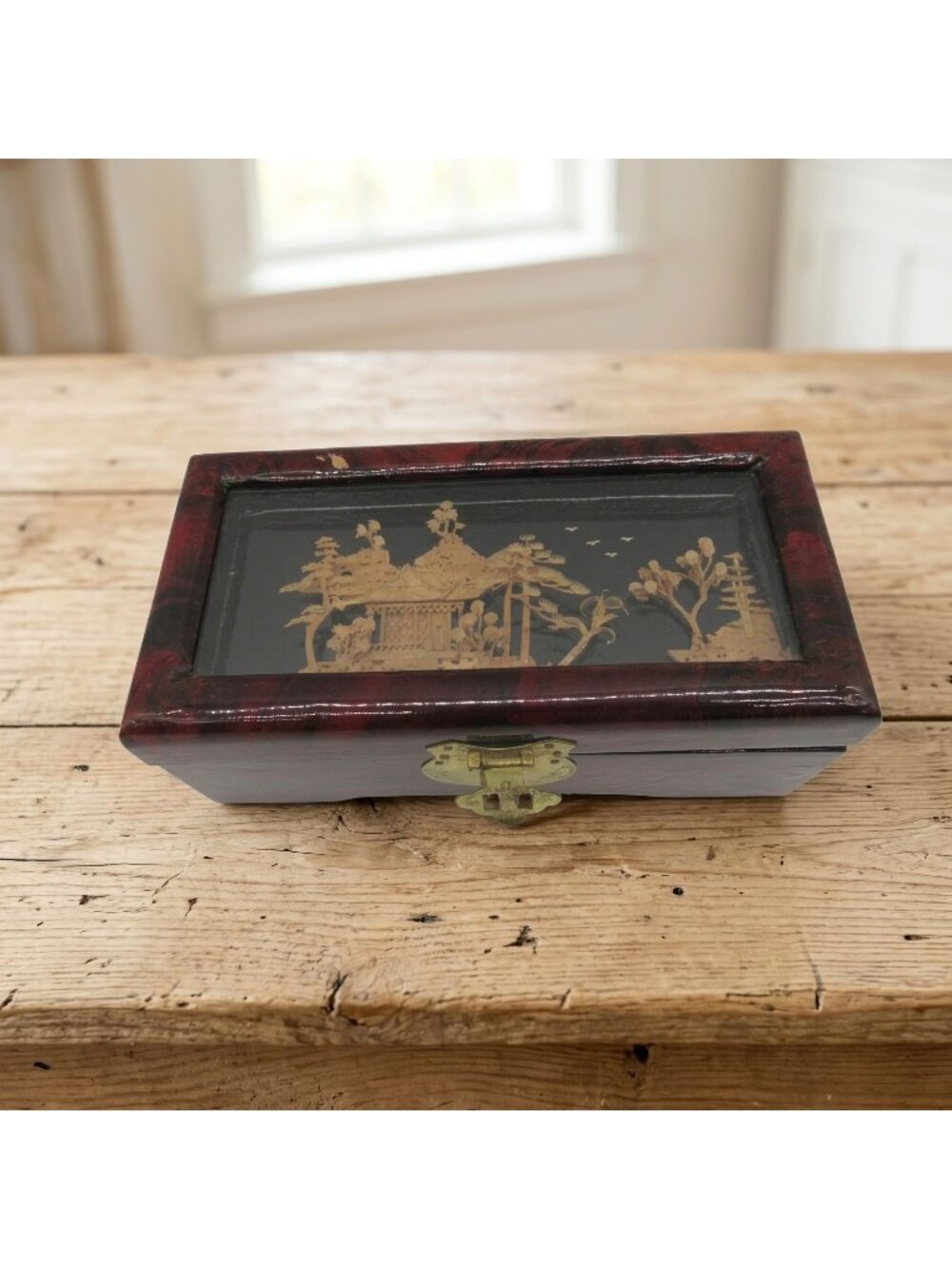 Vintage Oriental Lacquered Wooden Jewelry Box 3D Cork Pagoda with Birds
